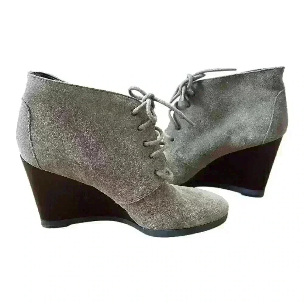 Franco Sarto Weston Taupe Brown Tan Suede Leather Lace Up Wedge Ankle Booties, 6 - Picture 7 of 10